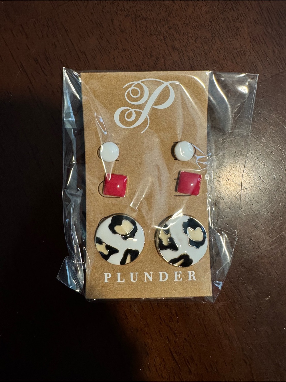 Plunder Three-Pair Stud Earring Set in White, Red, and Black Leopard